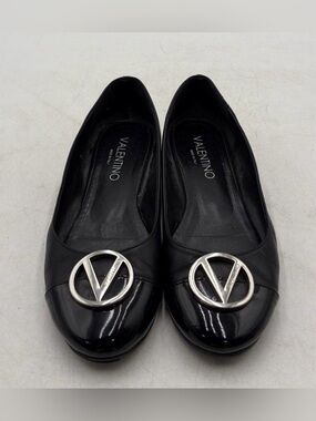 Valentino Black Leather Logo Round-Toe Ballet Flats